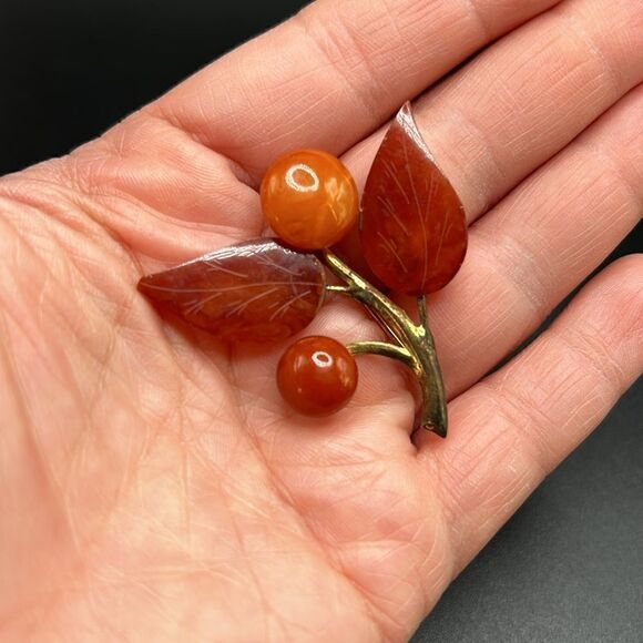 VTG Pressed Amber Leaves Deco Brooch Pin Gold Vermeil Sterling - Picture 5 of 6